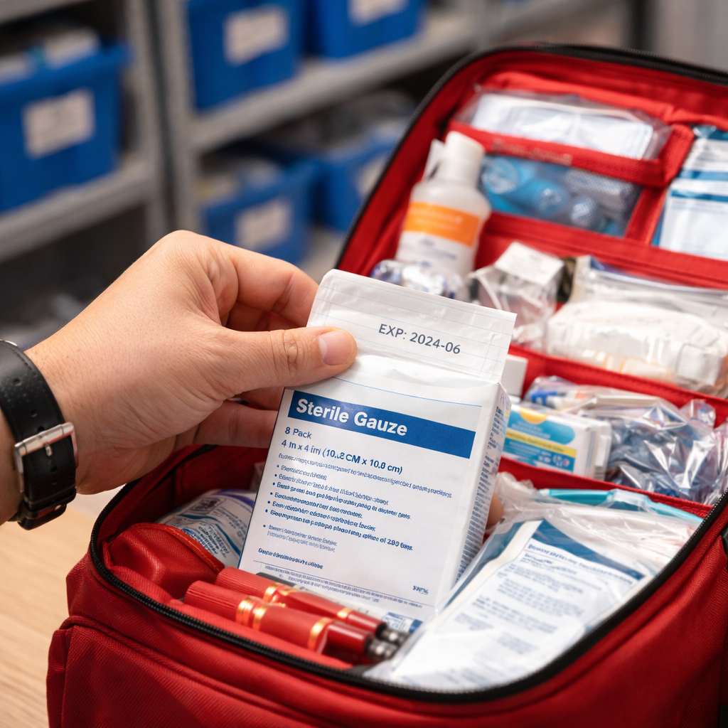 A close-up view of a school staff member checking expiration dates on medical supplies within an organized emergency kit.